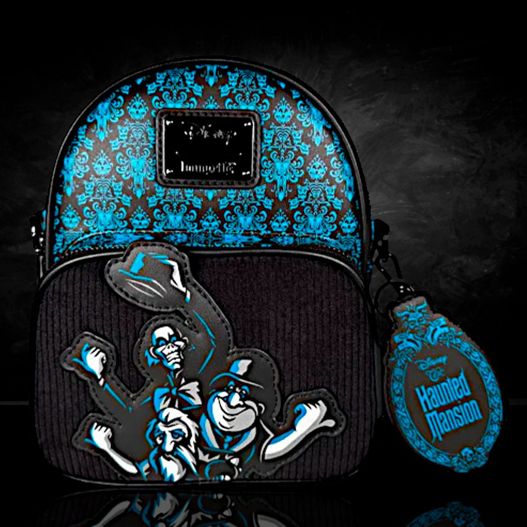 Loungefly Disney Haunted Mansion mini backpack with glowing Hitchhiking Ghosts and blue patterned top panel