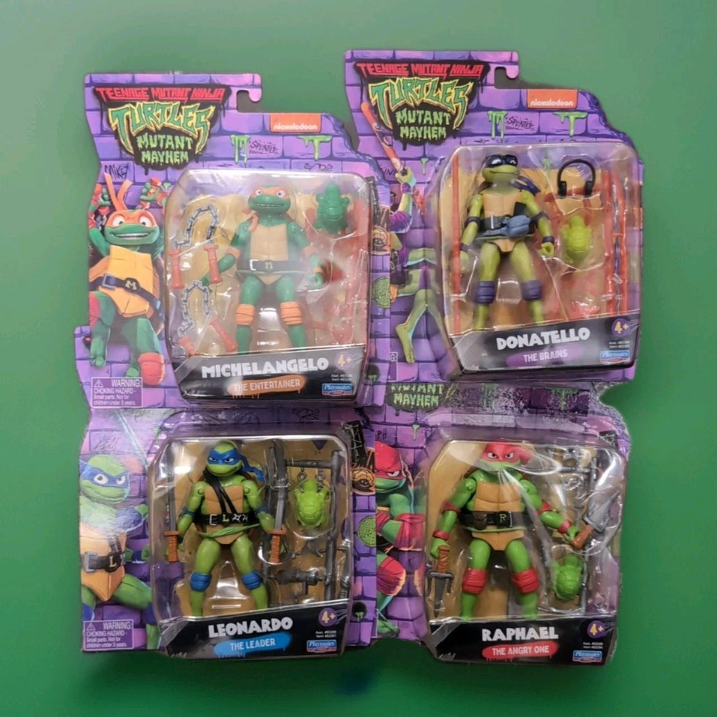 Teenage Mutant Ninja Turtles 4 Pack Mutant Mayhem action figures by Playmates Toys in original packaging with accessories
