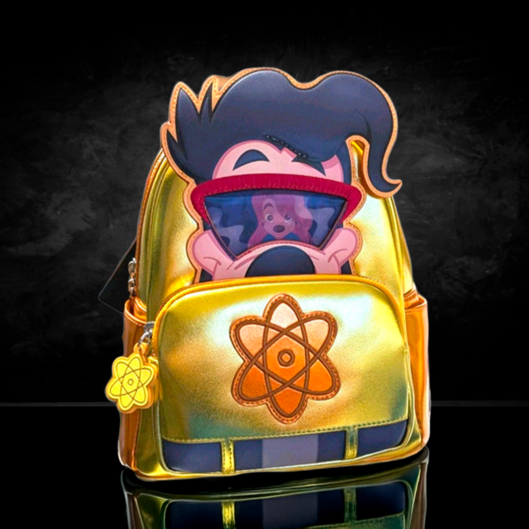 Loungefly mini backpack featuring Max Powerline design in shiny gold with atomic symbol and character face detail