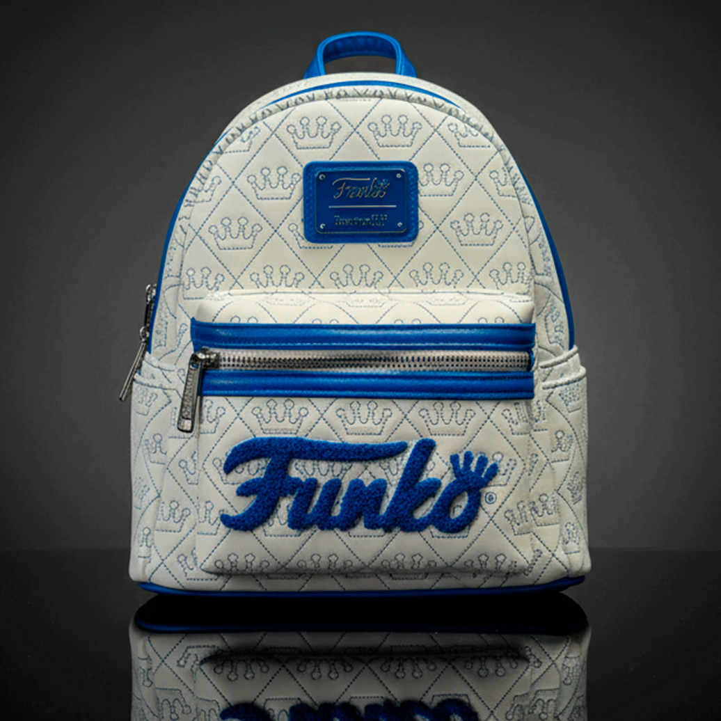 Loungefly mini backpack in white vegan leather with blue Funko logo and crown quilted pattern with blue stitching