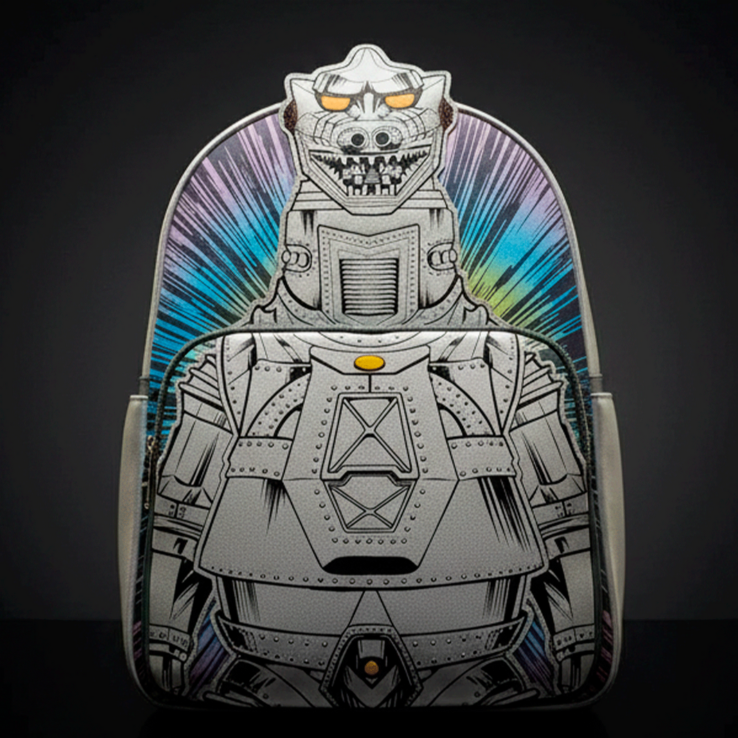 Loungefly full-size backpack featuring metallic Mechagodzilla design with colorful background and light-up details