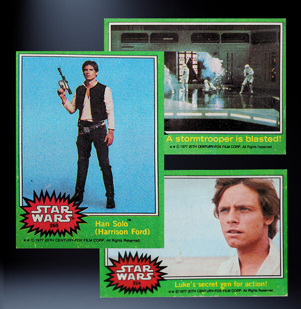 1977 Topps Star Wars Trading Cards green series featuring Han Solo, a stormtrooper blast, and Luke Skywalker by Go Figment