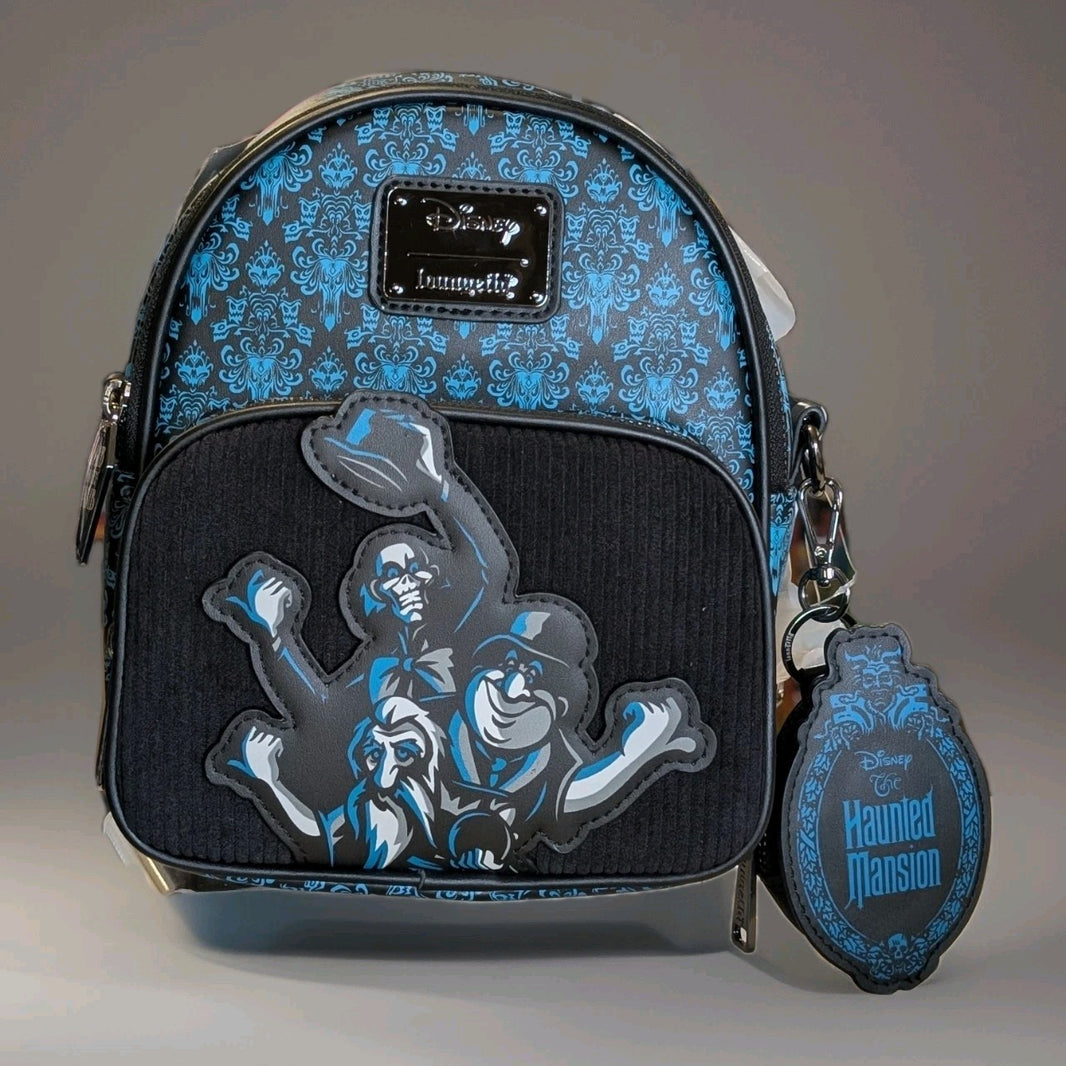 Loungefly mini backpack featuring Disney Haunted Mansion Hitchhiking Ghosts with blue damask pattern and attached cardholder