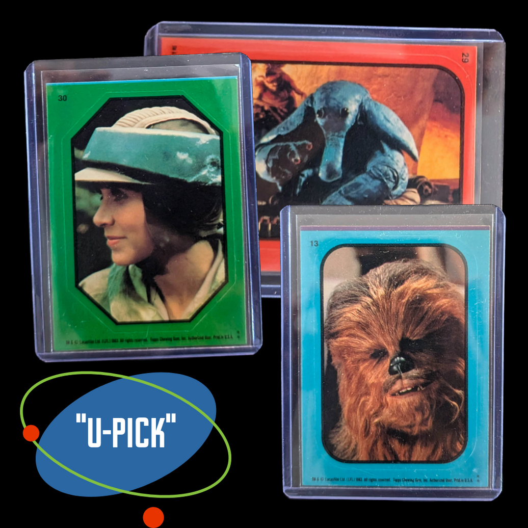 1983 Return of the Jedi Topps stickers by Go Figment featuring Star Wars characters in protective sleeves