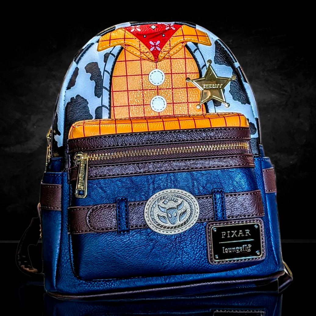Pixar Loungefly mini backpack designed with Sheriff Woody costume details and badge on front pocket
