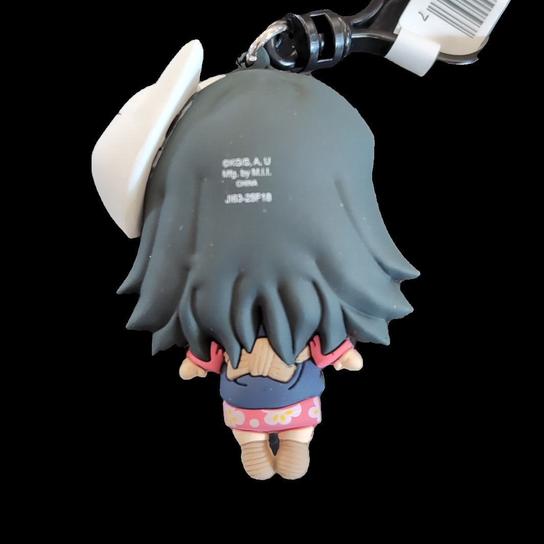 Back view of Monogram Kimetsu no Yaiba Demon Slayer 3D foam PVC bag clip keychain featuring character in colorful outfit