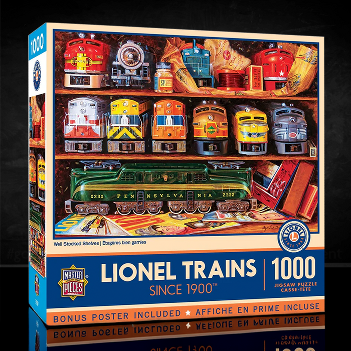 Master Pieces Lionel Trains 1000 piece jigsaw puzzle featuring vintage train models on well stocked shelves in box display