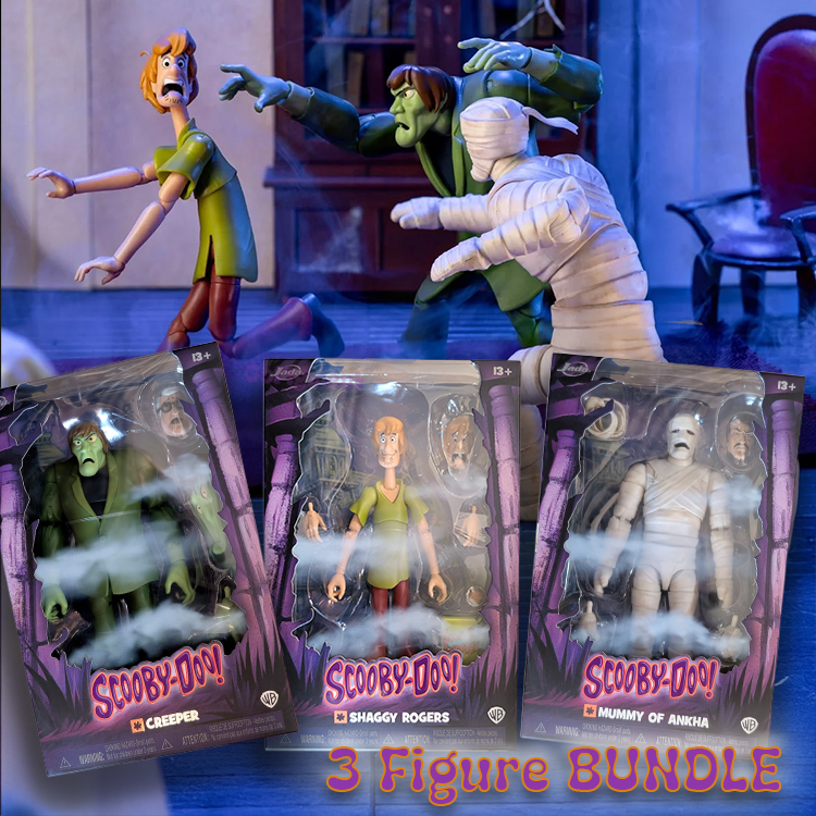 Three Scooby-Doo action figures featuring Shaggy, Creeper, and Mummy of Ankha by Jada Toys in packaging.