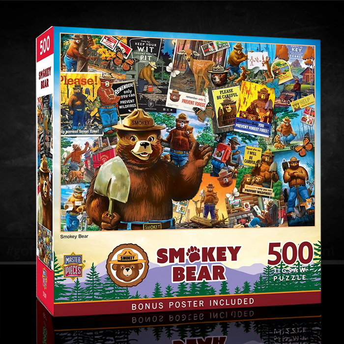 Master Pieces Smokey Bear 500 piece jigsaw puzzle with vintage forest conservation posters and bear illustration