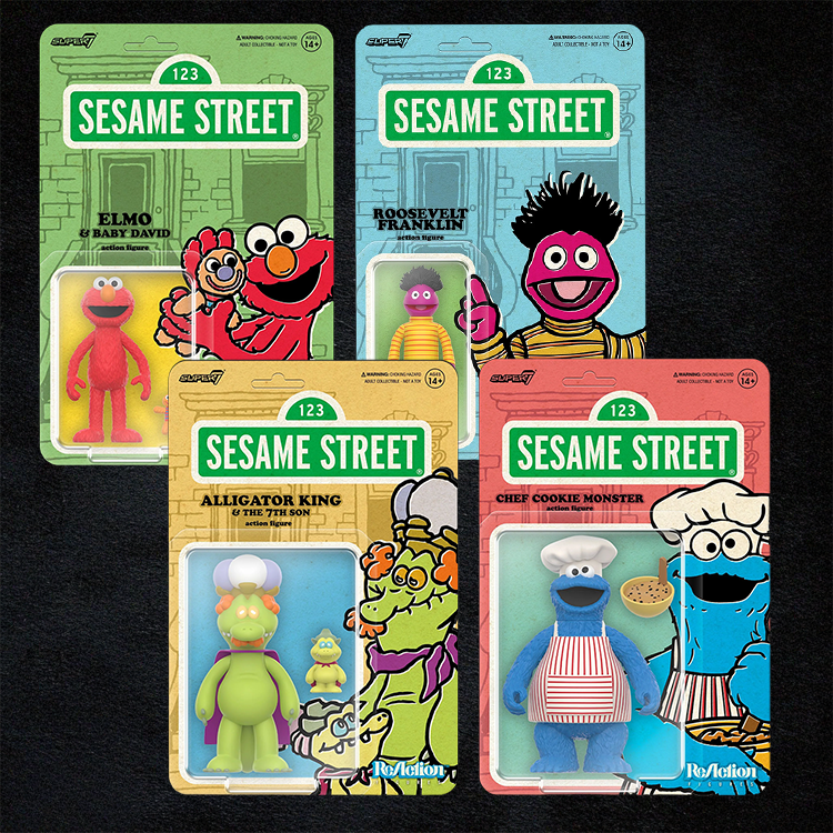 Sesame Street Action Figure Lot #4 featuring Elmo, Roosevelt Franklin, Alligator King, and Chef Cookie Monster by Super7