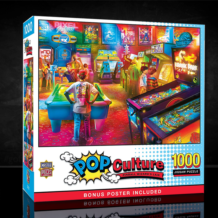 Pop Culture Pinball Wizard's Lair 1000-piece puzzle box by Master Pieces showing vibrant arcade scene artwork