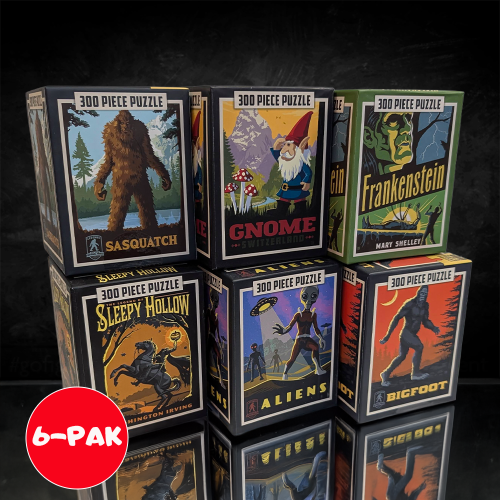 Master Pieces Mythical Creatures 6-pack puzzle cubes featuring Sasquatch, Gnome, Frankenstein, Sleepy Hollow, Aliens, and Bigfoot designs