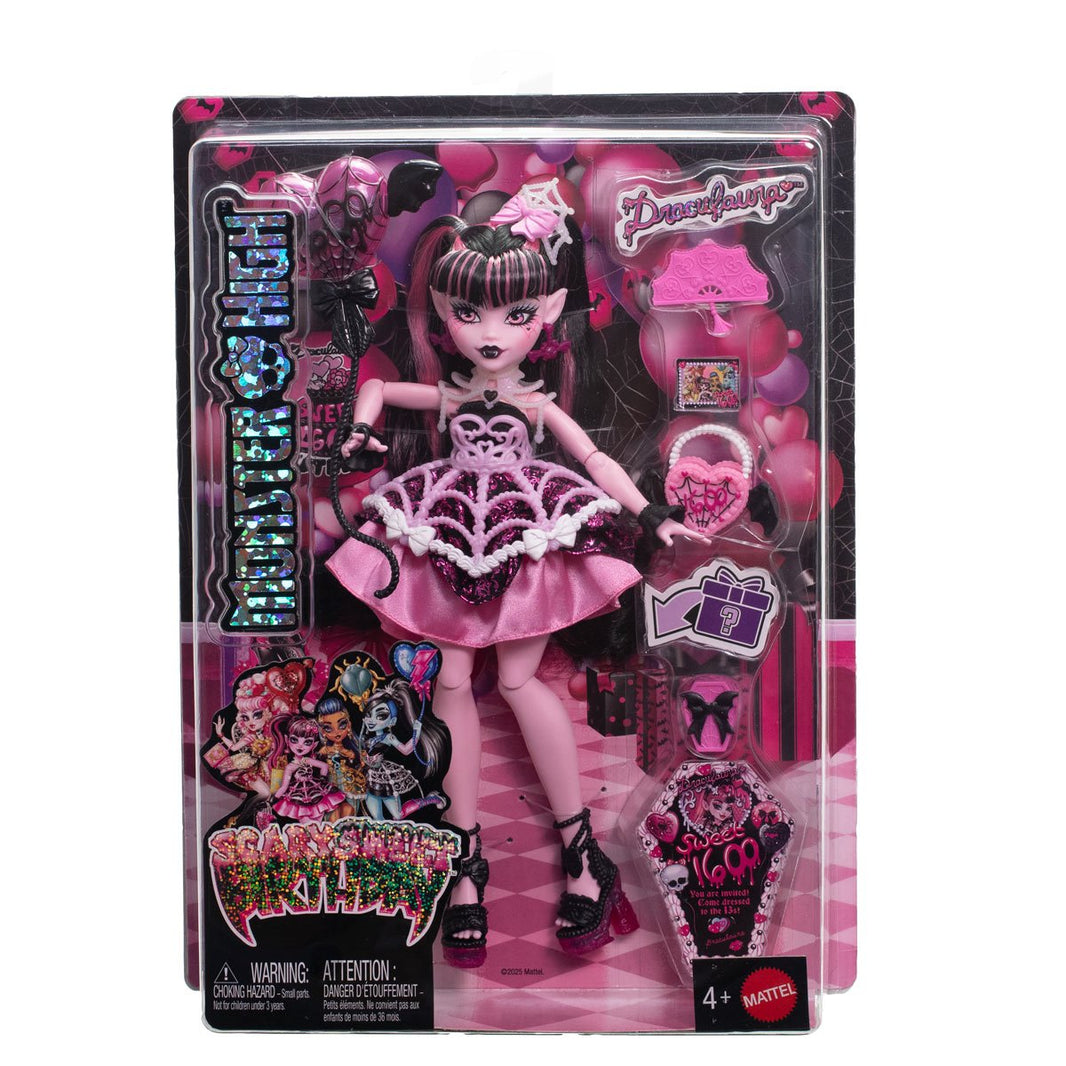 Monster High Draculaura Scary Sweet Birthday Doll in pink spider web dress with party accessories by Mattel in packaging