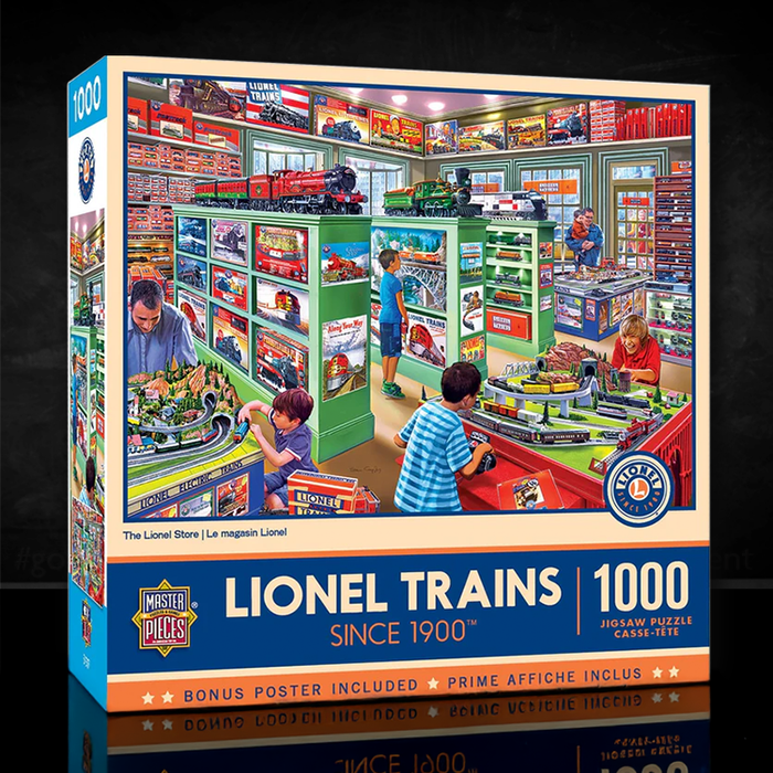 Master Pieces Lionel Trains 1000-piece jigsaw puzzle featuring detailed toy train store scene with children and adults assembling trains
