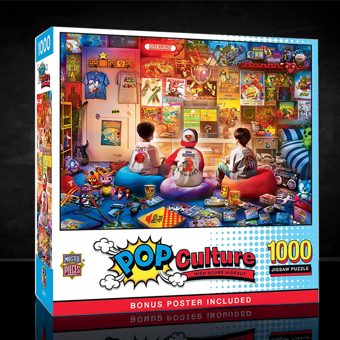 Pop Culture High Score Hideout 1000-piece jigsaw puzzle by Master Pieces featuring nostalgic 90s gaming room scene