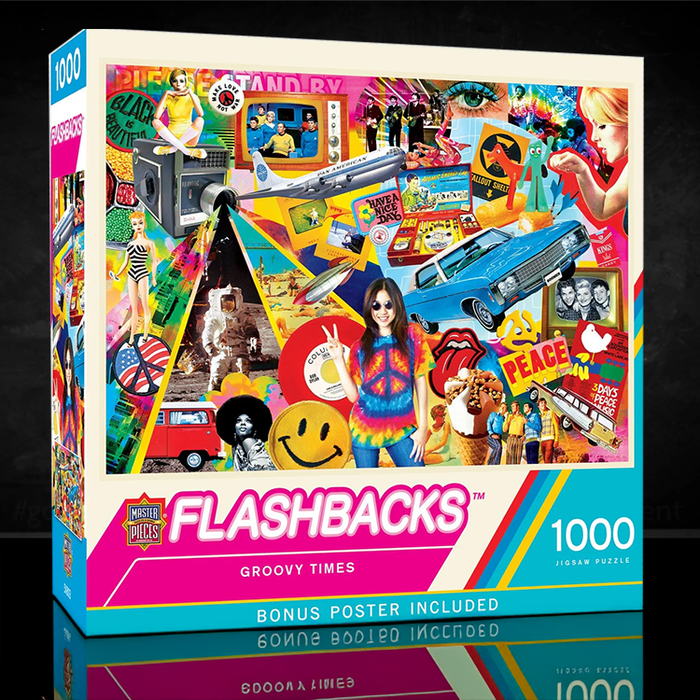 Pop Culture Flashbacks Groovy Times 1000 piece puzzle box with vibrant 60s and 70s images by Master Pieces