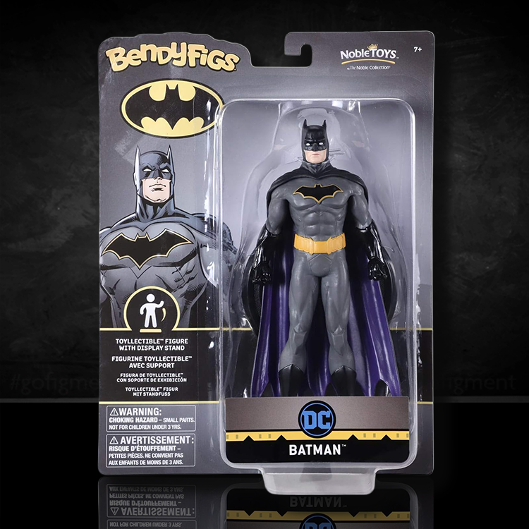 Noble Collection Batman BendyFig collectible figure in black and gray costume with yellow belt in clear display packaging