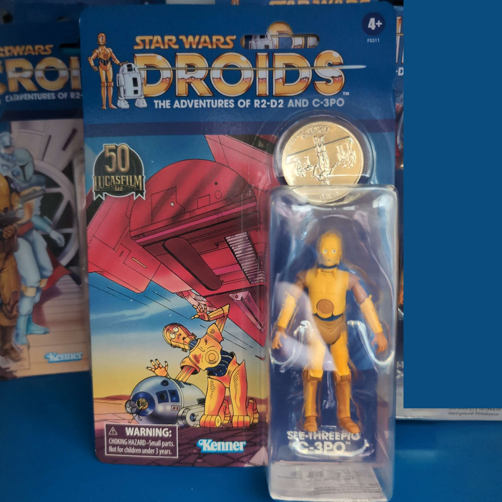 C-3PO Star Wars Droids Action Figure Vintage Collection with coin in Kenner packaging by Hasbro