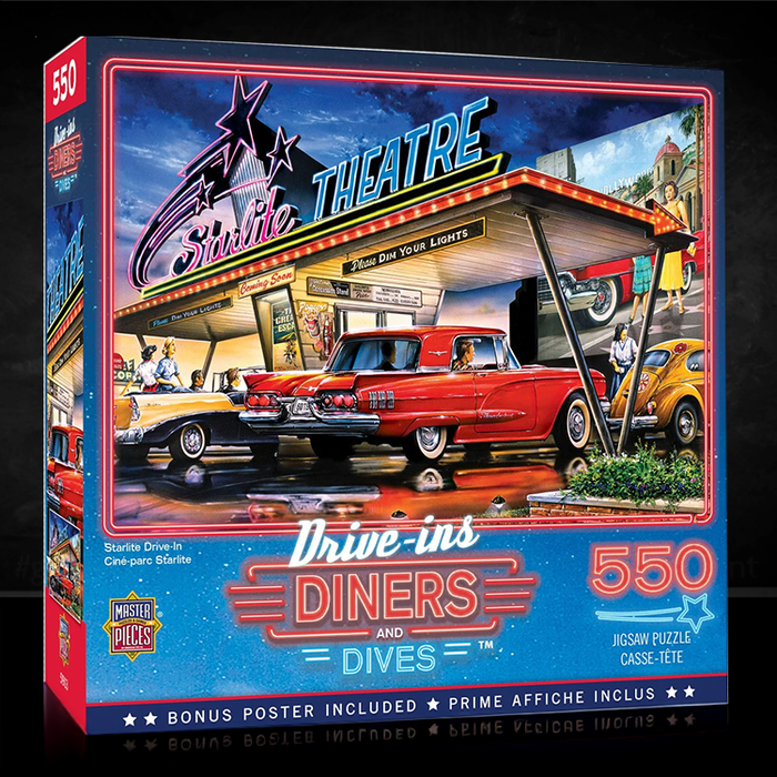 Master Pieces 550-piece jigsaw puzzle featuring Starlite Drive-In diner and classic cars at night scene