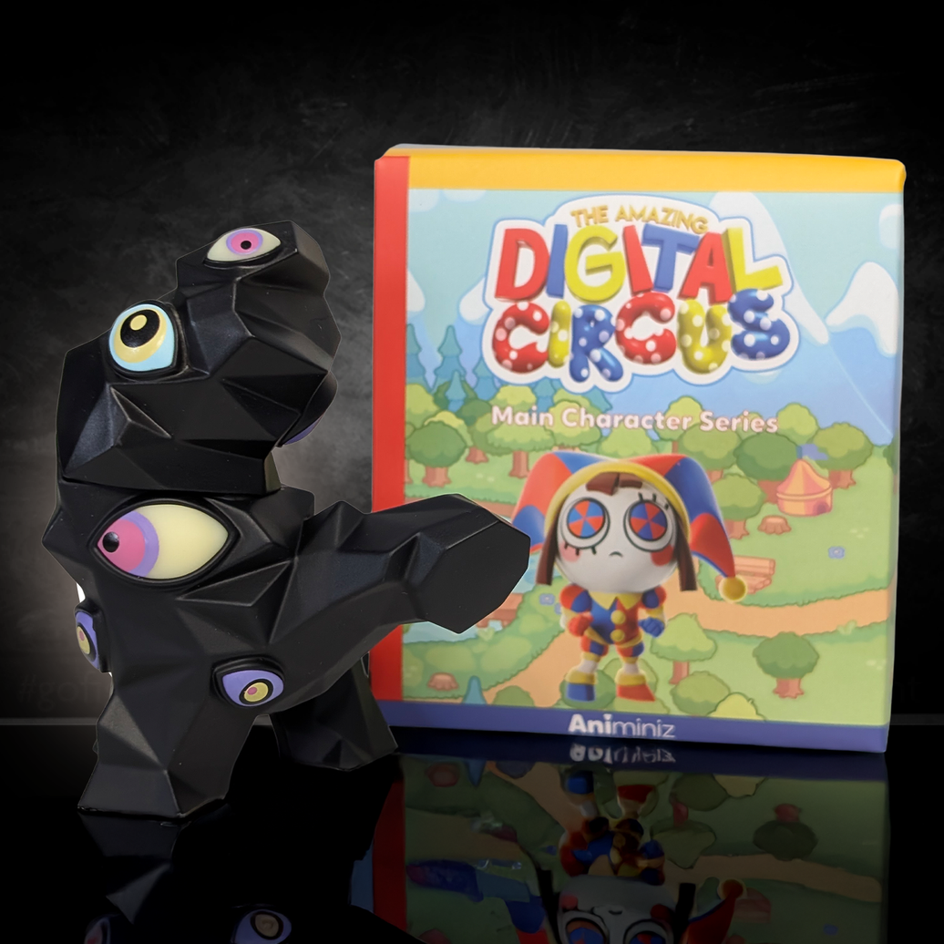 Abstracted Kaufmo The Amazing Digital Circus Animiniz Main Characters Series Figure by Glitch with colorful box background