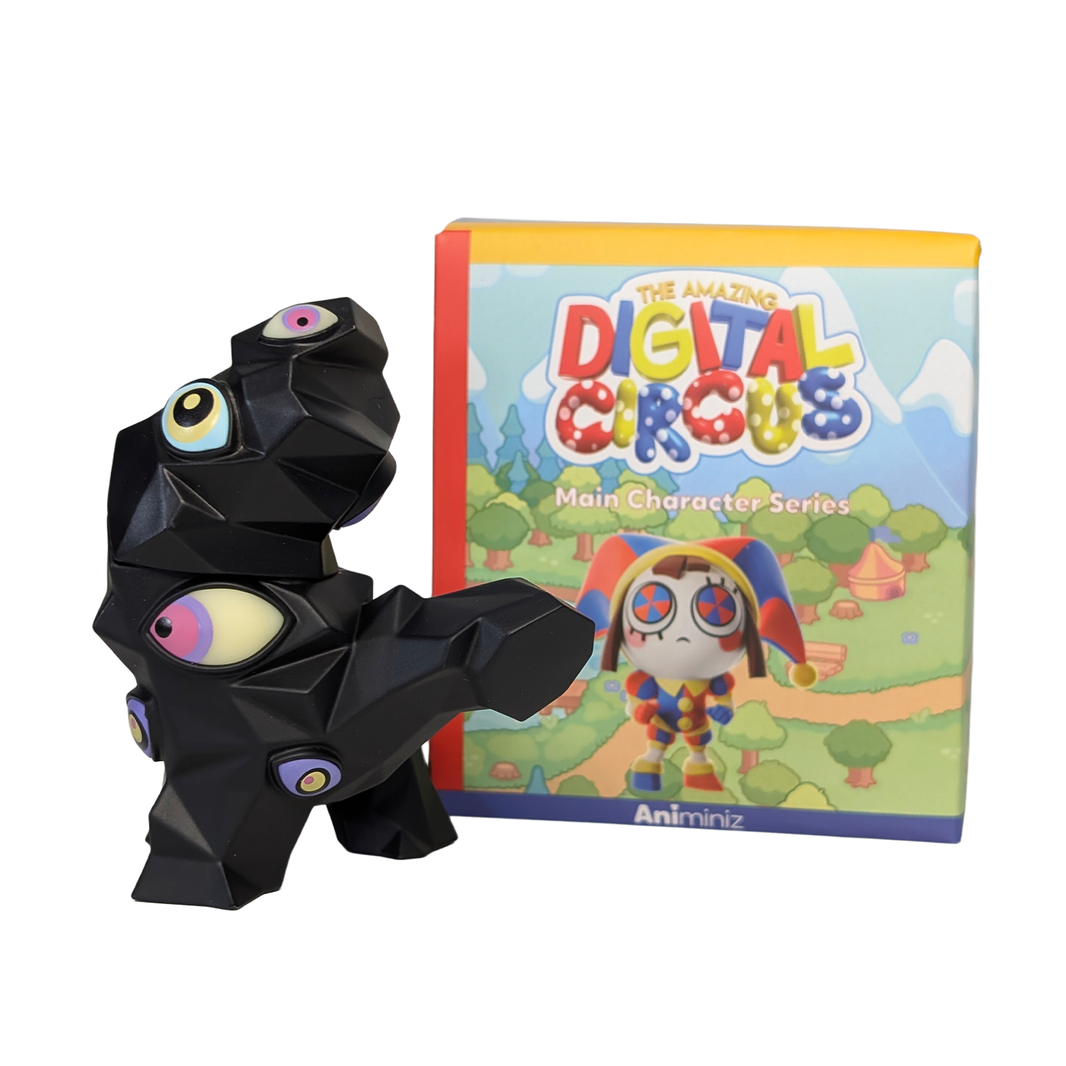 Abstracted Kaufmo The Amazing Digital Circus Animiniz Main Characters Series Figure by Glitch with colorful packaging background