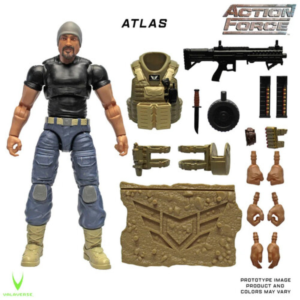 Action figure with tactical vest, rifle, weapons, interchangeable hands, and accessories on a white background