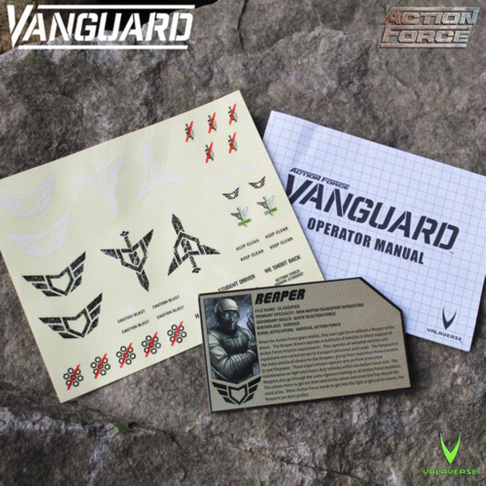 Vanguard Action Force operator manual, Reaper character card, and assorted faction decals