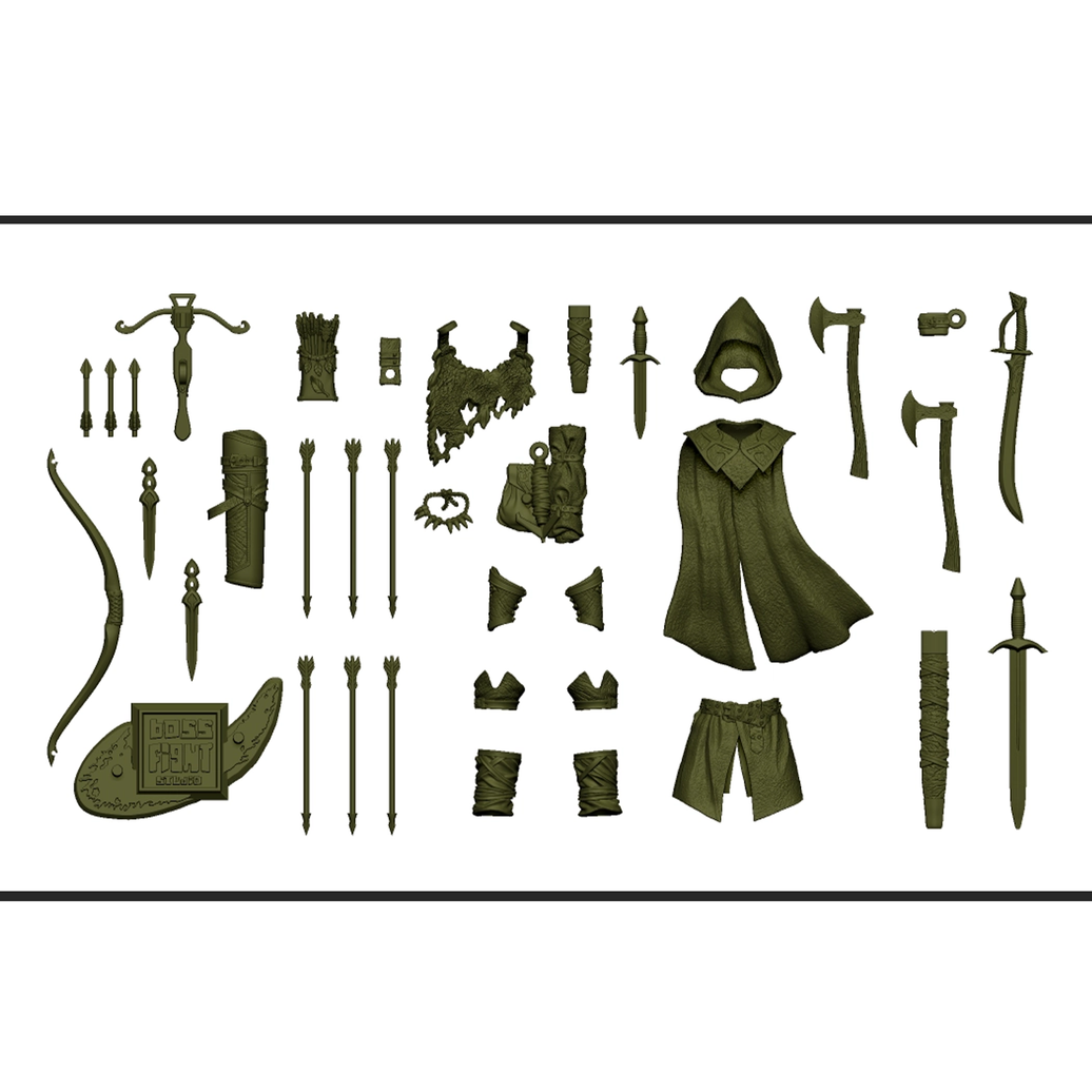 1:18 Scale Medieval Ranger Green Adventurer Set (Dual Armor & Weapons Pack for 3.75" - 4" Figures)