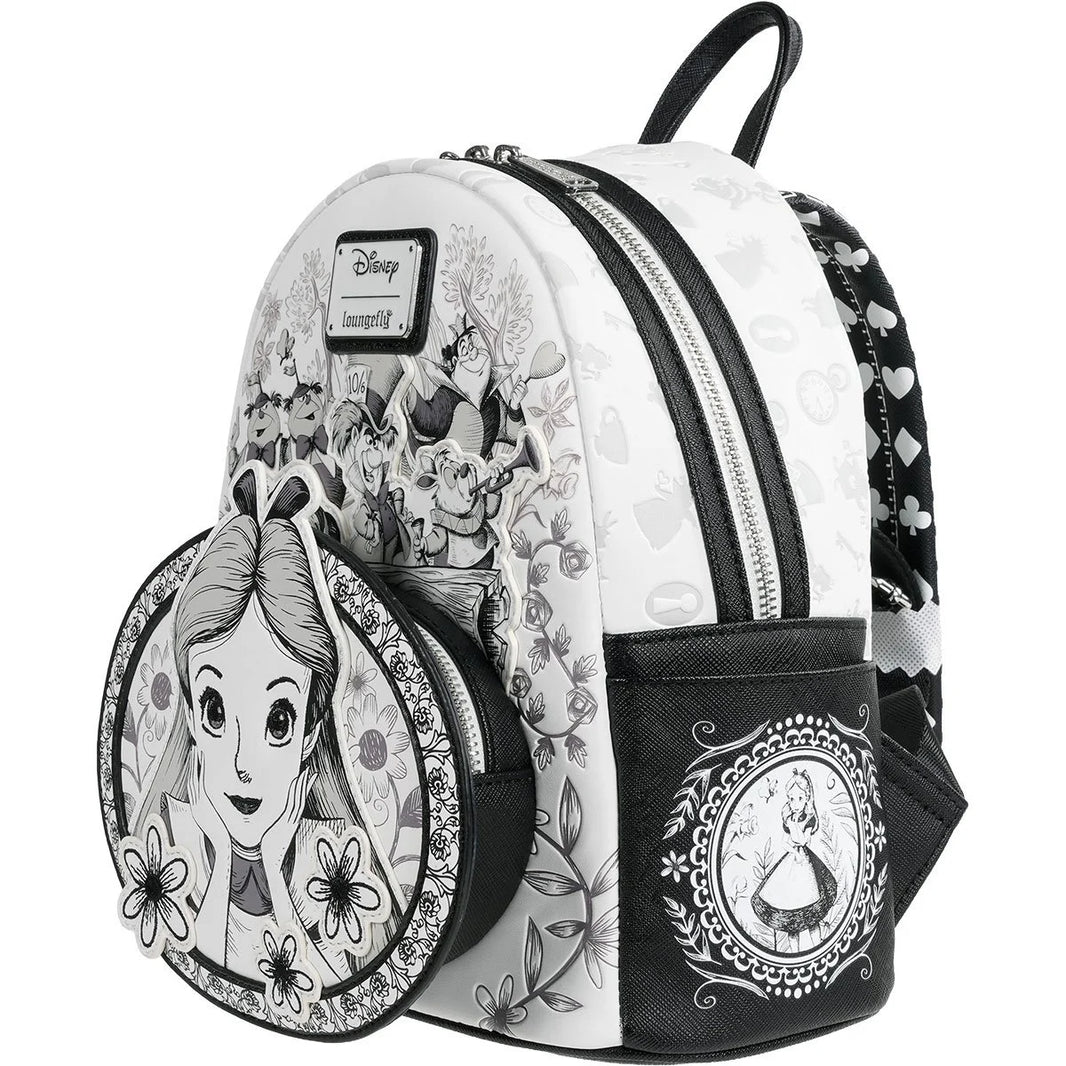 Loungefly Alice in Wonderland Sketch Mini-Backpack - Entertainment Earth Exclusive|Authentic with Tags features monochrome character art by Loungefly.