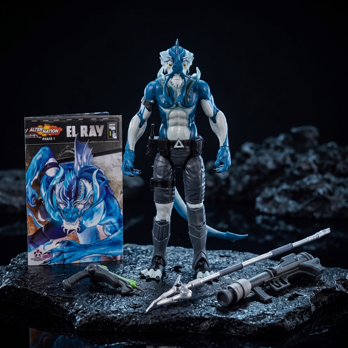 El Ray 1:12 Scale 6" Human Electric Eel Hybrid Action Figure by Altered Nation with weapons and packaging display