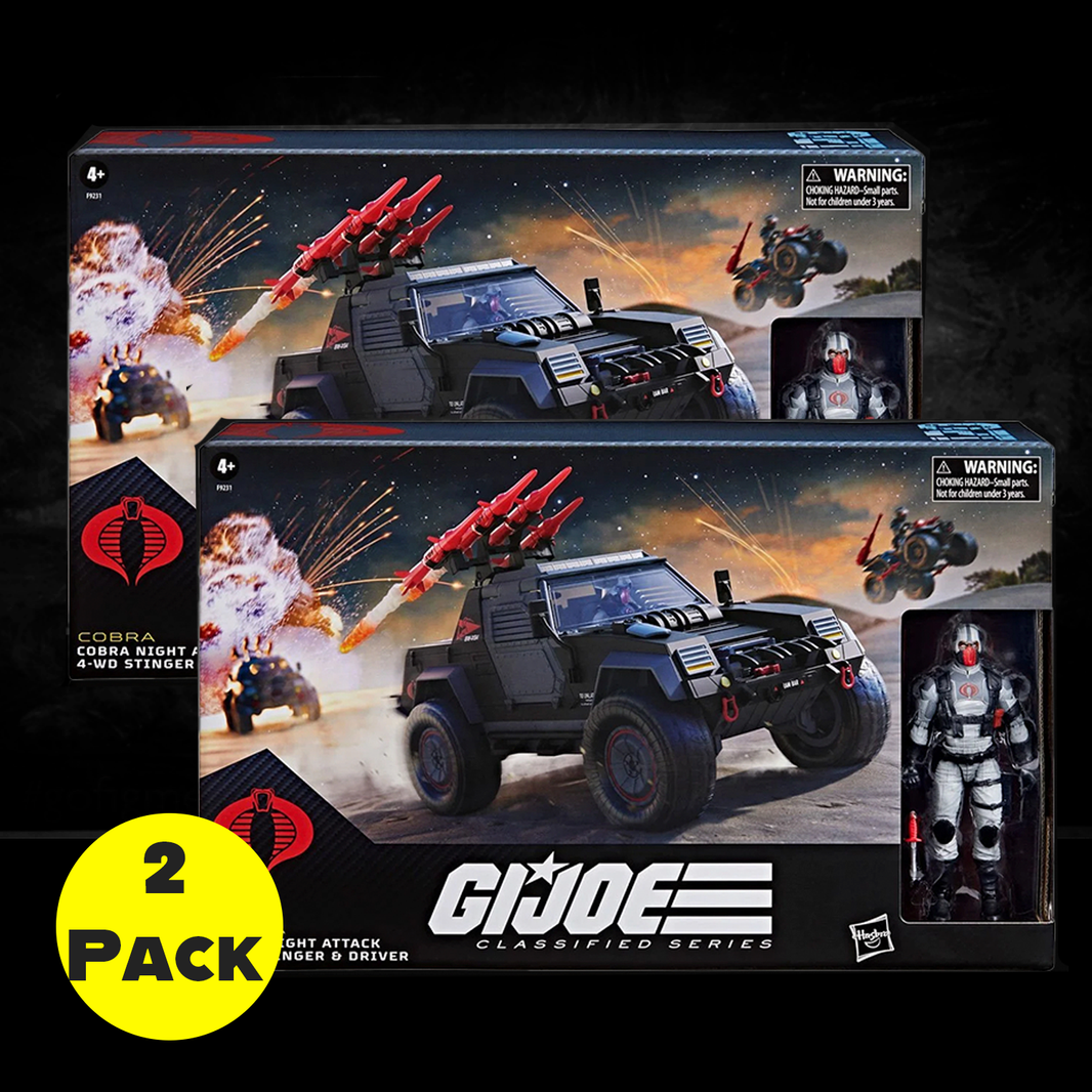 Hasbro GI Joe Classified Series 2 pack Night Attack Cobra Stinger Jeep with driver figure in action battle scene packaging