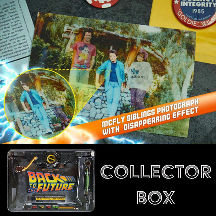 Back to the Future metal collector box with time travel effects and vintage McFly siblings photo by Doctor Collector
