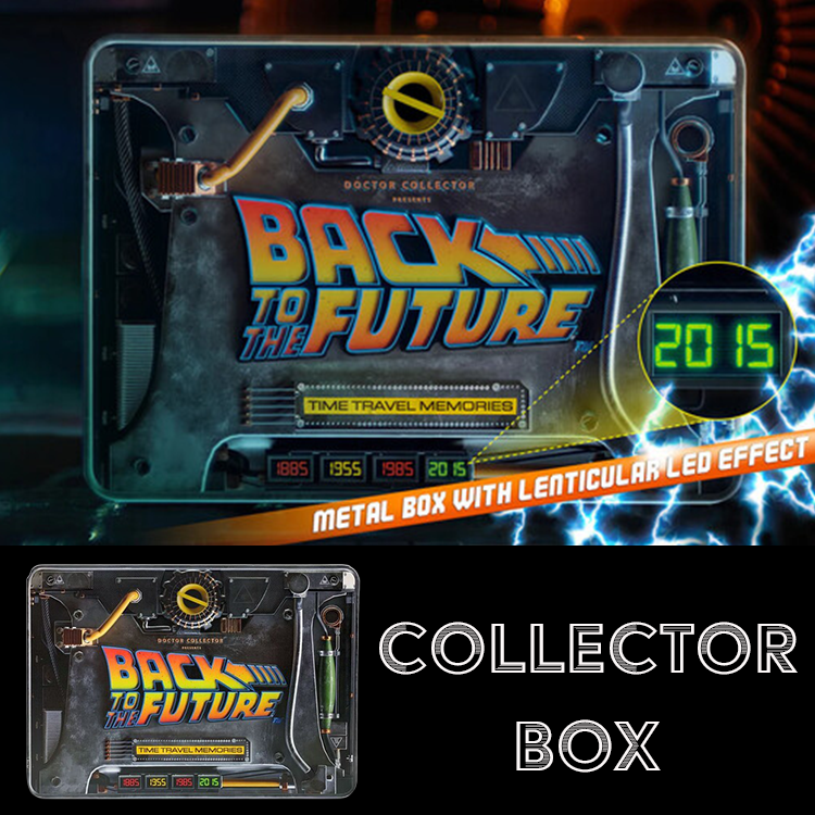 Back to the Future collector metal box with time travel dates and lenticular LED detail by Doctor Collector