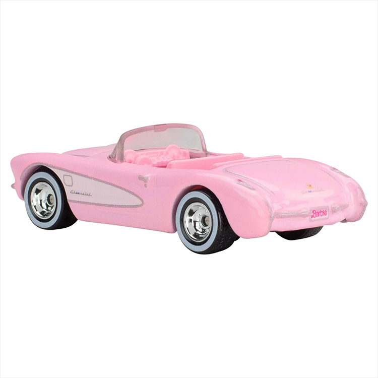 Mattel Hot Wheels pink 1956 Corvette collectible diecast car from Barbie The Movie in 1:64 scale with chrome details