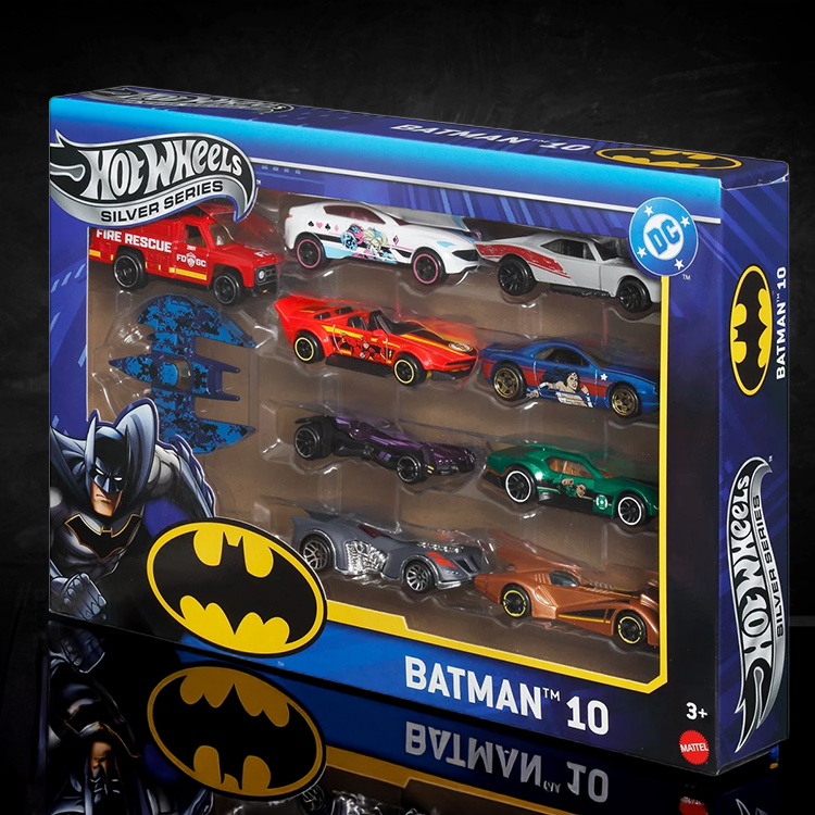 Mattel Hot Wheels Batman Silver Series 10-pack diecast cars featuring iconic Gotham vehicles in collectible display box