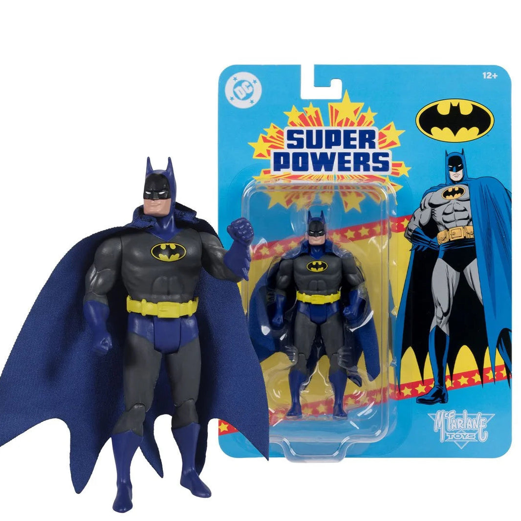 Batman action figure displayed beside Super Powers packaging with character artwork and cape spread wide