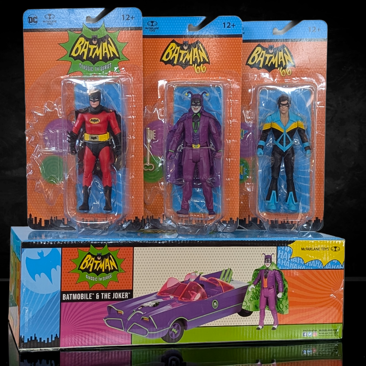 McFarlane Batman '66 figures including Batman, Joker, and villain with Jokerized Batmobile in box set