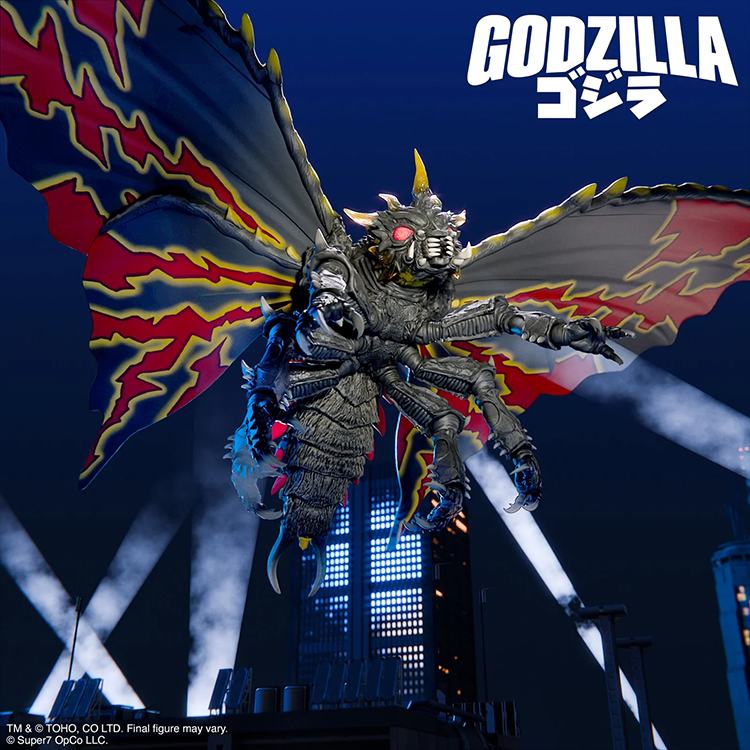 Super7 detailed Battra 1992 action figure with large wingspan and interchangeable heads in dramatic city battle pose