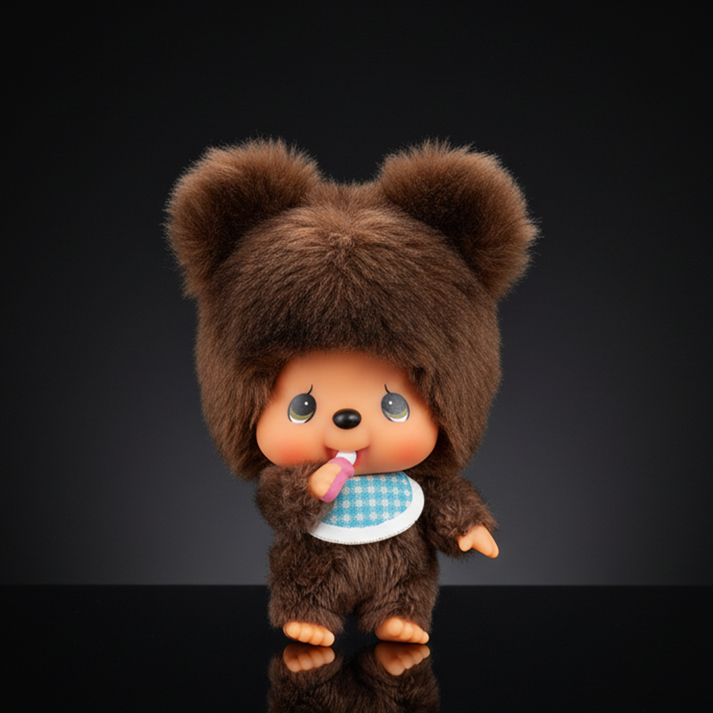 Sekiguchi 4-inch Monchhichi plush keychain in brown bear costume with thumb in mouth and blue checkered bib