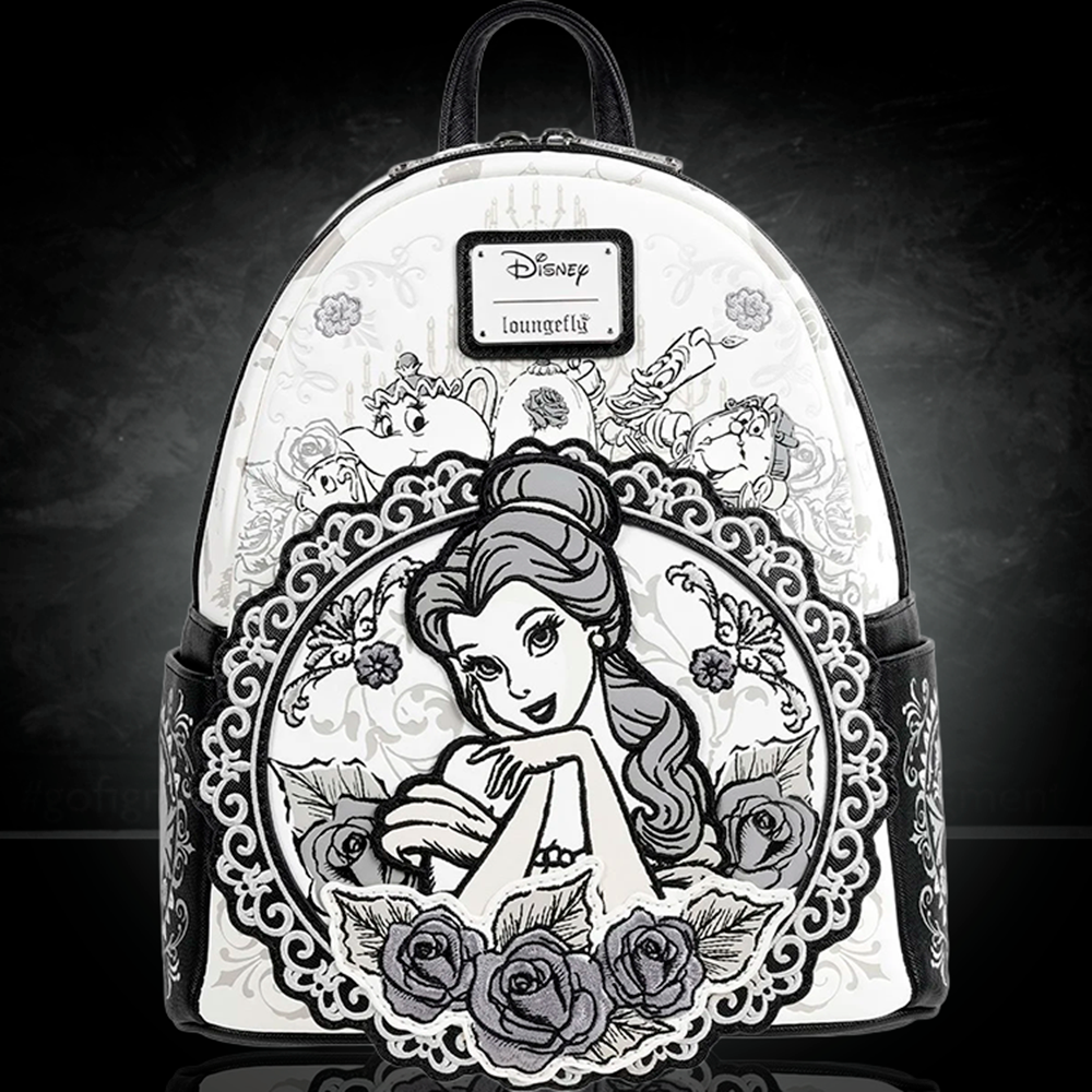Loungefly Beauty and the Beast mini-backpack featuring Belle sketch and classic characters in black and white design