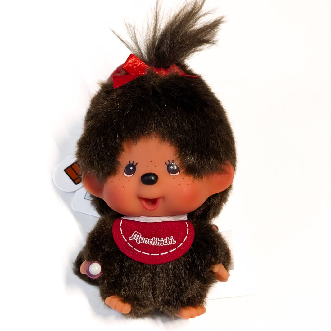 Sekiguchi Monchhichi Classic Big Head Girl Plush 4 inch mascot clip with red bow and bib accessory