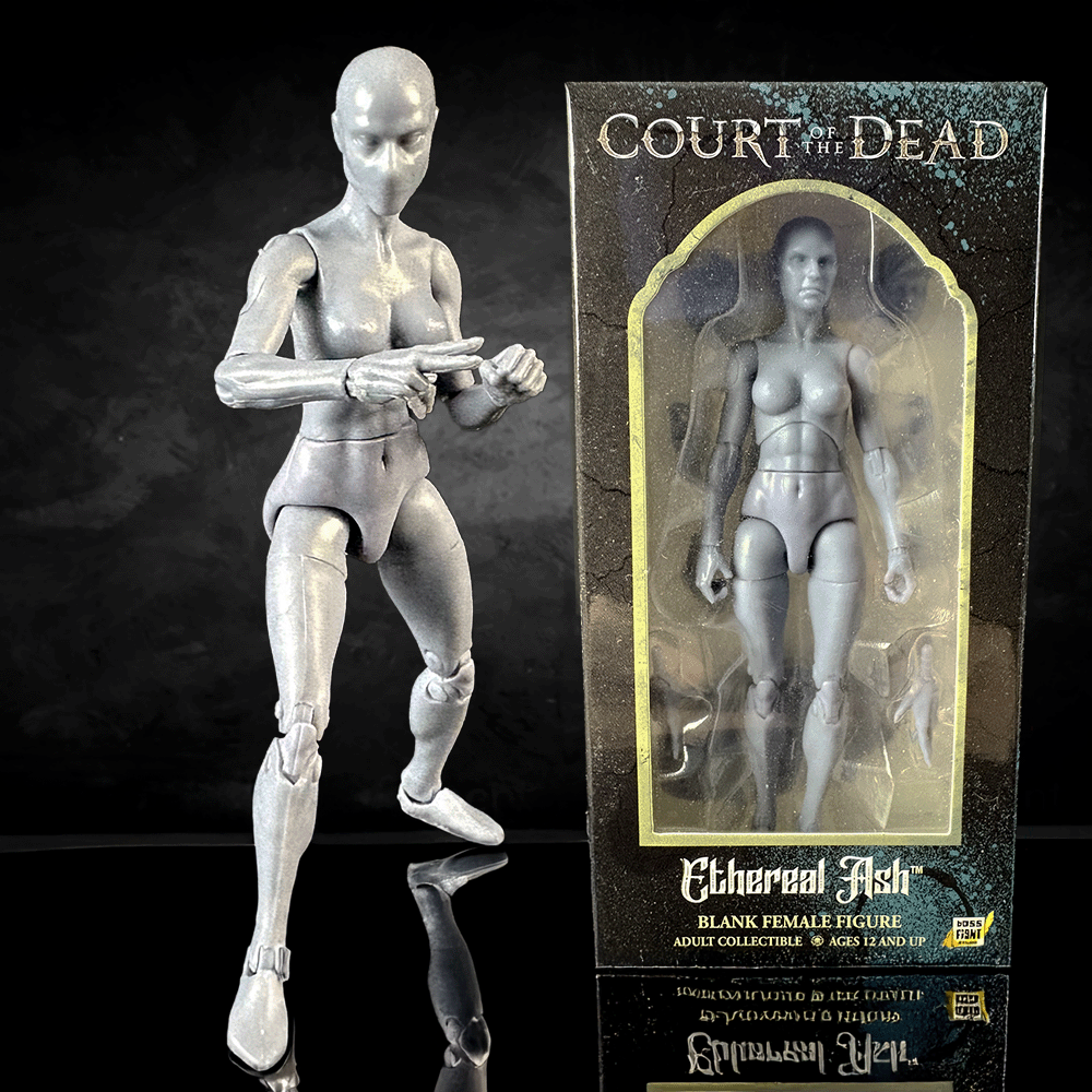 Boss Fight Studio Llc Ethereal Ash female blank 1:18 scale action figure standing next to packaging on black background