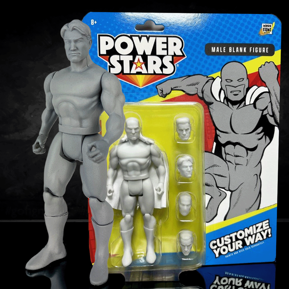 Boss Fight Studio Llc Power Stars 5” male blank action figure with interchangeable heads in colorful packaging on black surface