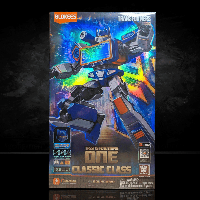 Blokees Transformers One Soundwave model kit with light-up feature and 85 pieces in colorful collector packaging