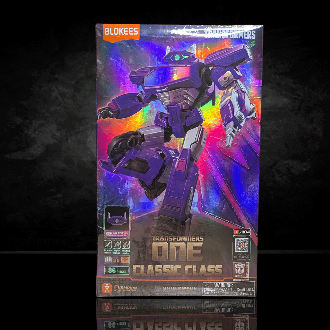 Blokees Transformers Classic Class Shockwave model kit in holographic packaging with robot art and light-up features