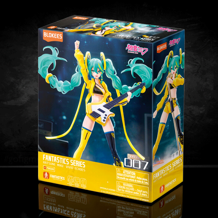 Blokees Hatsune Miku Fantastics Series Vivid Echoes model kit packaging with animated figure playing guitar
