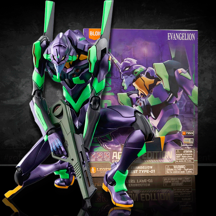 Hasbro Neon Genesis Evangelion Unit-01 Ultra Action Edition Blokees model kit in dynamic pose with packaging background