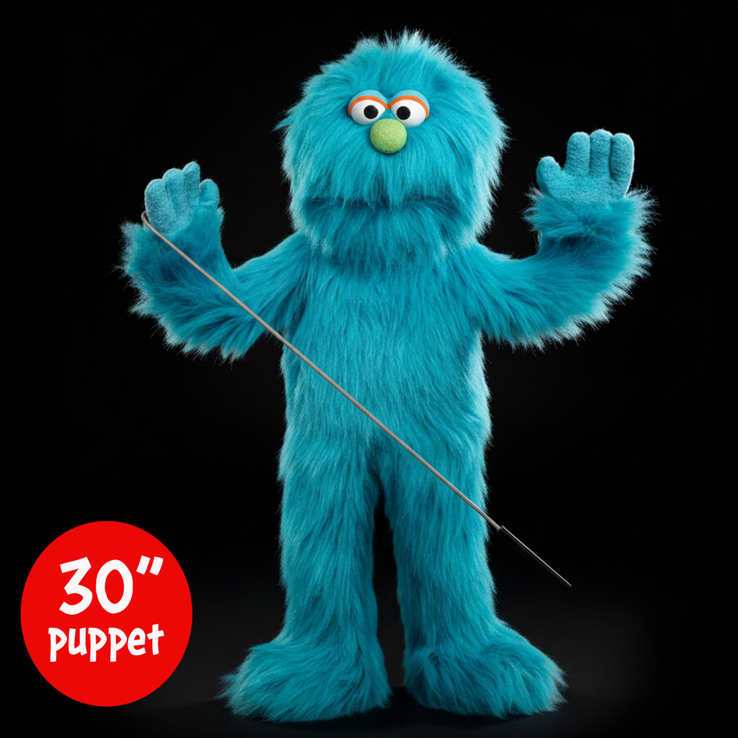 Silly Puppets Mook Blue Monster Puppet - 30" Furry Puppet with Movable Mouth, Arm Rod and Stand