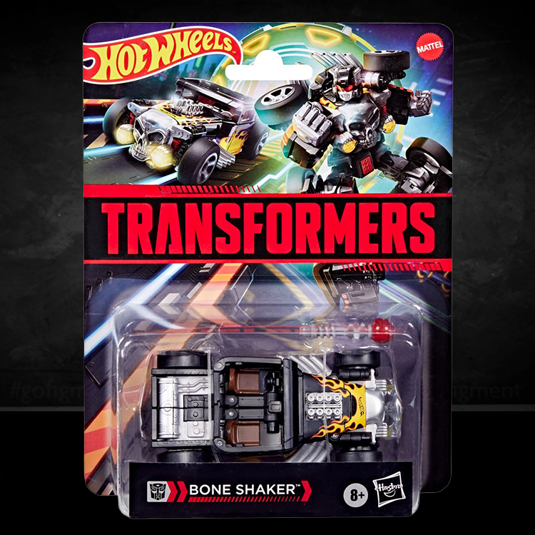 Hasbro Transformers Bone Shaker figure transforming from robot to hot rod car in original packaging