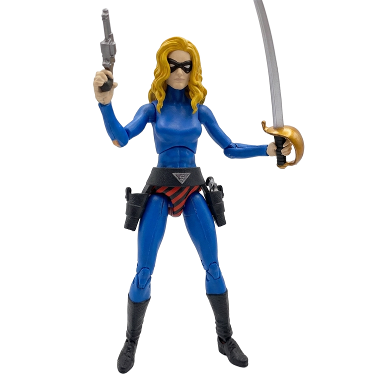 Action figure of a female character in blue suit with blonde hair, holding a pistol and a curved sword with gold hilt.